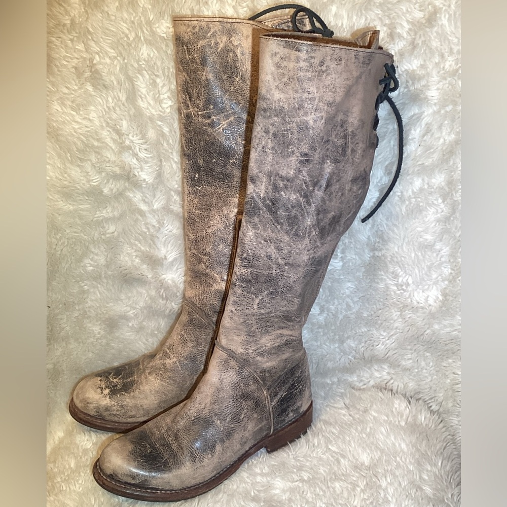 Bedstu Tall Leather Boots Manchester Distressed  Brown Lace Back Heel Size 7.5